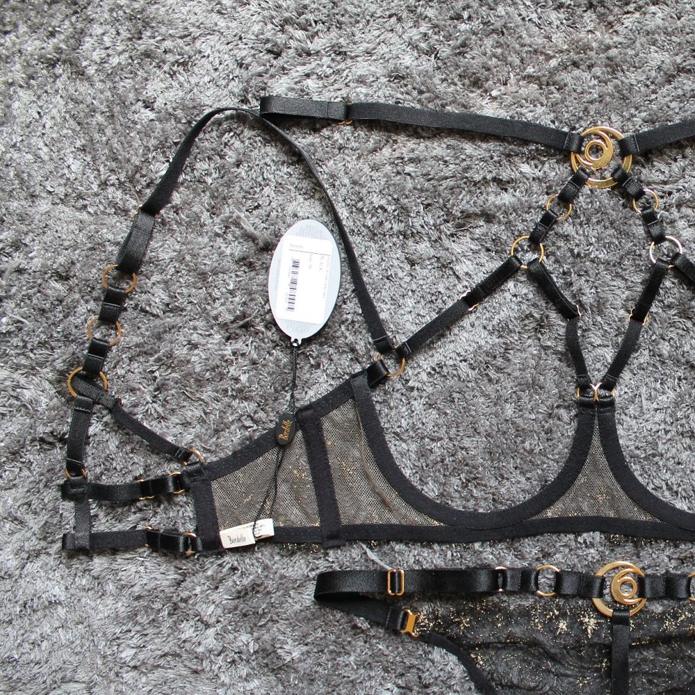 SOLD Bordelle Selene Open Ouvert Wire Bra Thong set Black Gold star embroidery - Picture 7 of 12